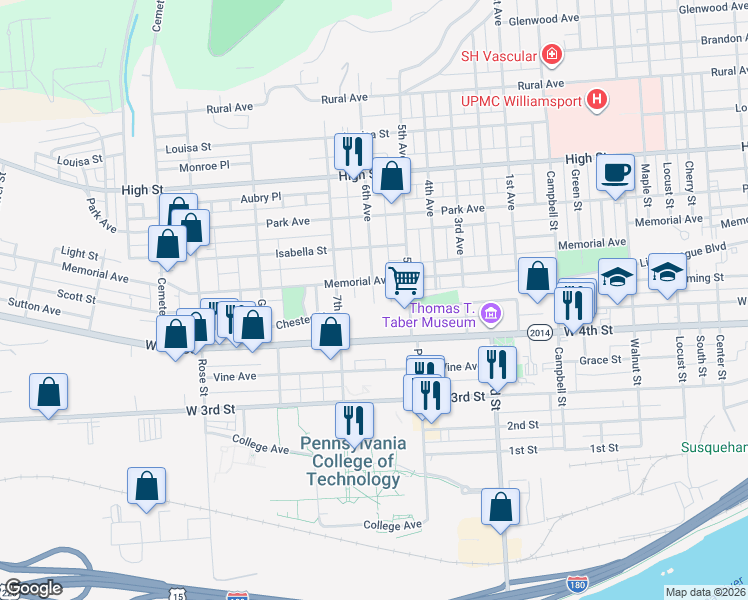 map of restaurants, bars, coffee shops, grocery stores, and more near 514 6th Avenue in Williamsport
