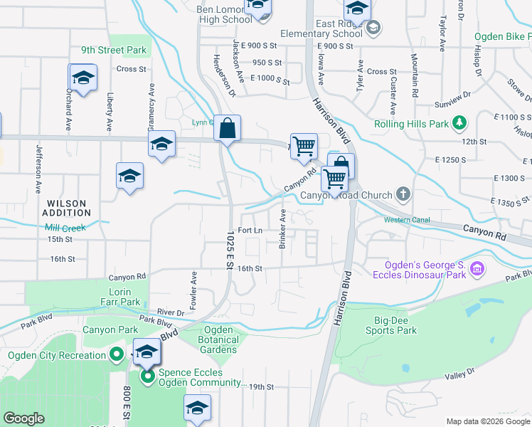 map of restaurants, bars, coffee shops, grocery stores, and more near 1068 Creekside Drive in Ogden