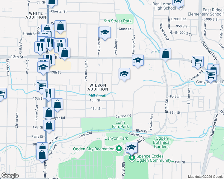 map of restaurants, bars, coffee shops, grocery stores, and more near 766 15th Street in Ogden