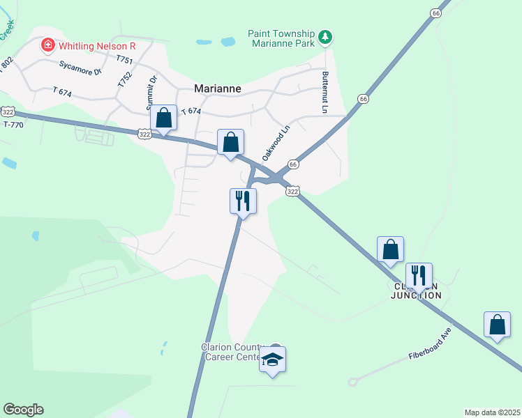 map of restaurants, bars, coffee shops, grocery stores, and more near 21158 Paint Boulevard in Shippenville