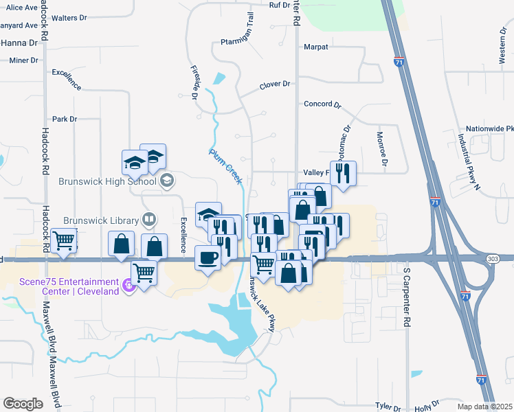 map of restaurants, bars, coffee shops, grocery stores, and more near 1269 Old Eagle Drive in Brunswick