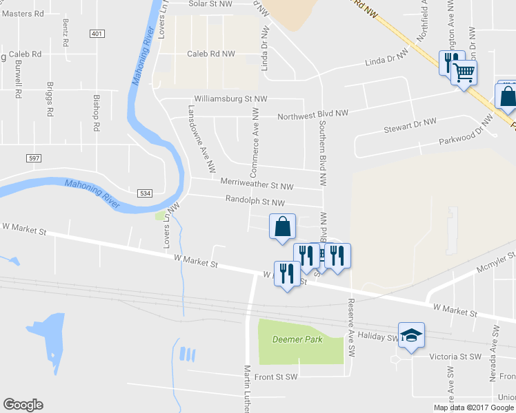 map of restaurants, bars, coffee shops, grocery stores, and more near 2917 Randolph Street Northwest in Warren