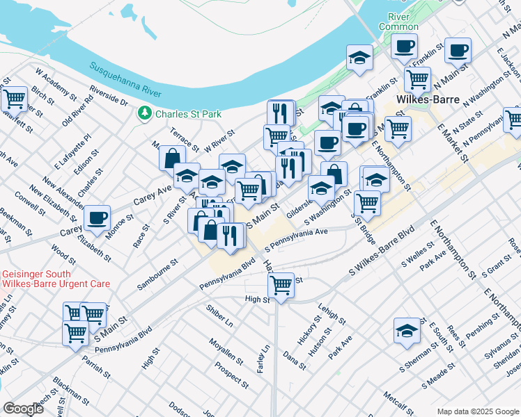 map of restaurants, bars, coffee shops, grocery stores, and more near 295 South Main Street in Wilkes-Barre