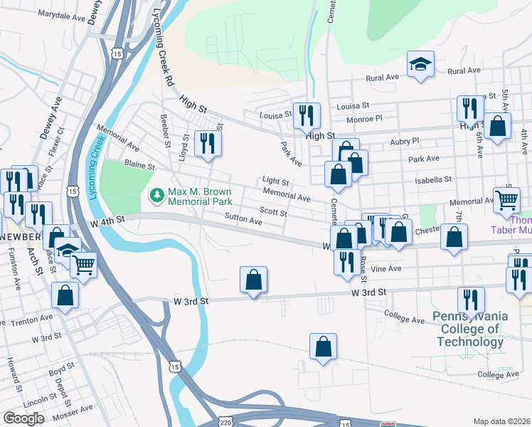map of restaurants, bars, coffee shops, grocery stores, and more near 1538 Scott Street in Williamsport