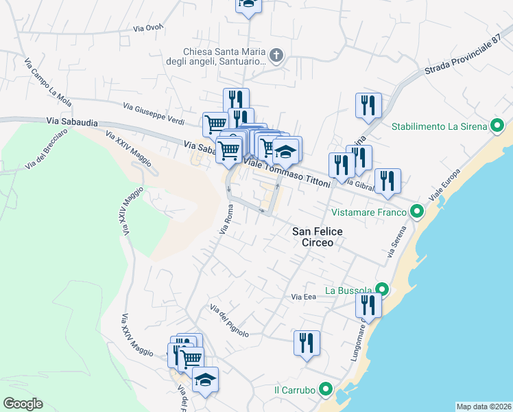 map of restaurants, bars, coffee shops, grocery stores, and more near 33 Via Poniatowskj in San Felice Circeo