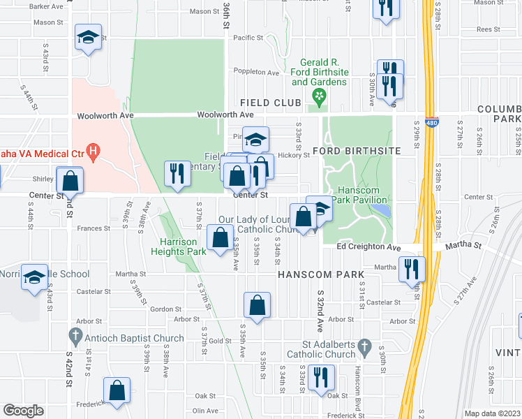 map of restaurants, bars, coffee shops, grocery stores, and more near 1919 South 35th Street in Omaha