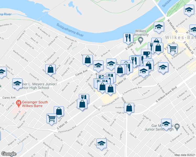 map of restaurants, bars, coffee shops, grocery stores, and more near 86 Academy St in Wilkes-Barre
