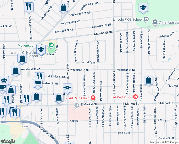 map of restaurants, bars, coffee shops, grocery stores, and more near 452 Fairmount Avenue Northeast in Warren
