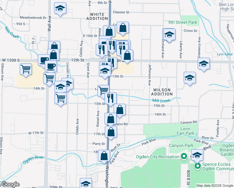 map of restaurants, bars, coffee shops, grocery stores, and more near 433 1415 South in Ogden