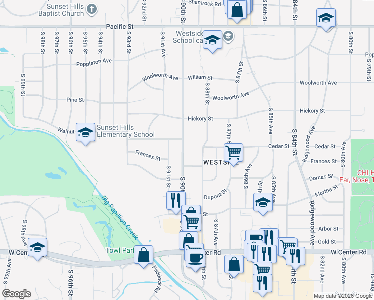 map of restaurants, bars, coffee shops, grocery stores, and more near 2005 South 90th Street in Omaha