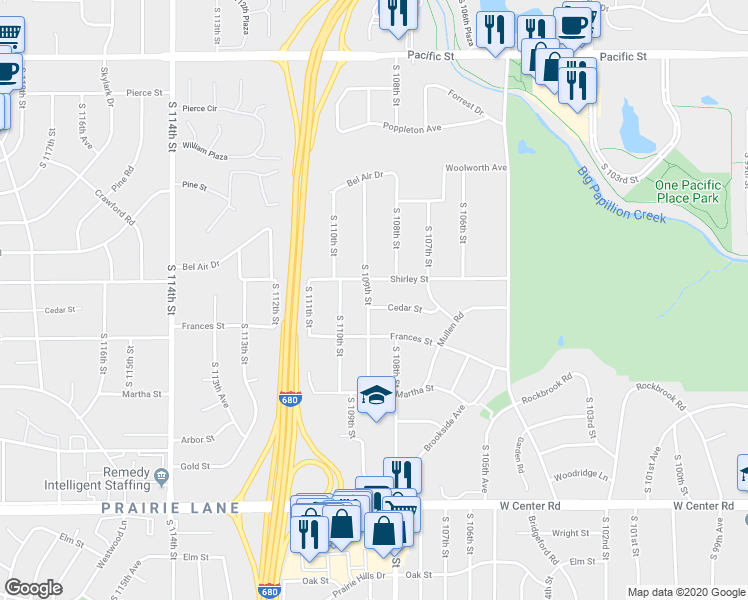 map of restaurants, bars, coffee shops, grocery stores, and more near 10826 Cedar Street in Omaha