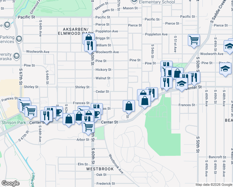 map of restaurants, bars, coffee shops, grocery stores, and more near 5635 Cedar Street in Omaha