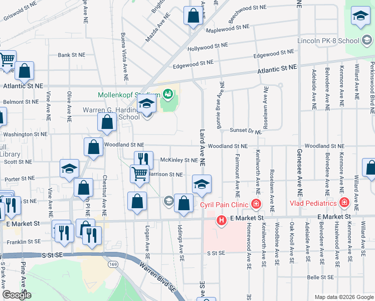 map of restaurants, bars, coffee shops, grocery stores, and more near 1202 Woodland St NE in Warren