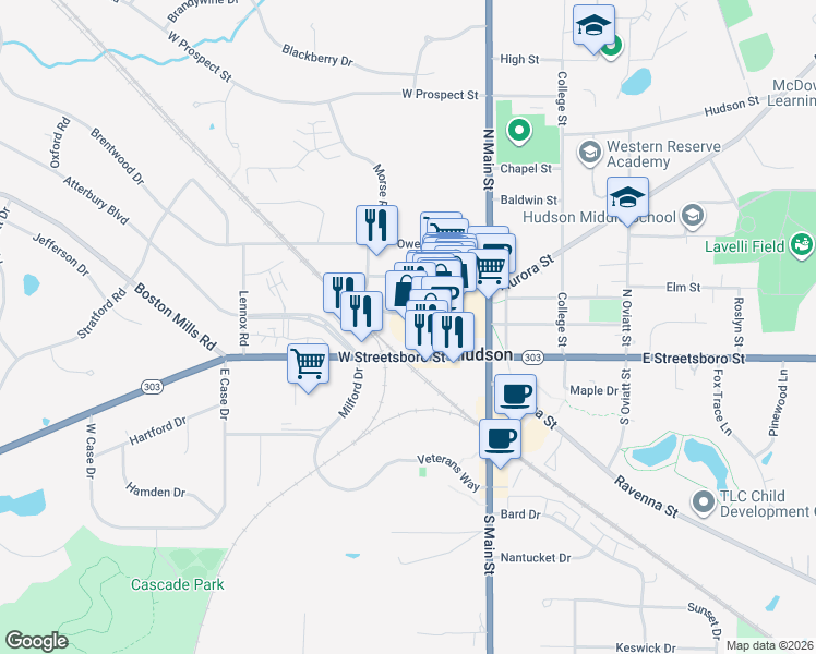 map of restaurants, bars, coffee shops, grocery stores, and more near 72 Village Way in Hudson