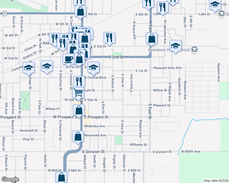 map of restaurants, bars, coffee shops, grocery stores, and more near 284 South Walnut Street in Kewanee
