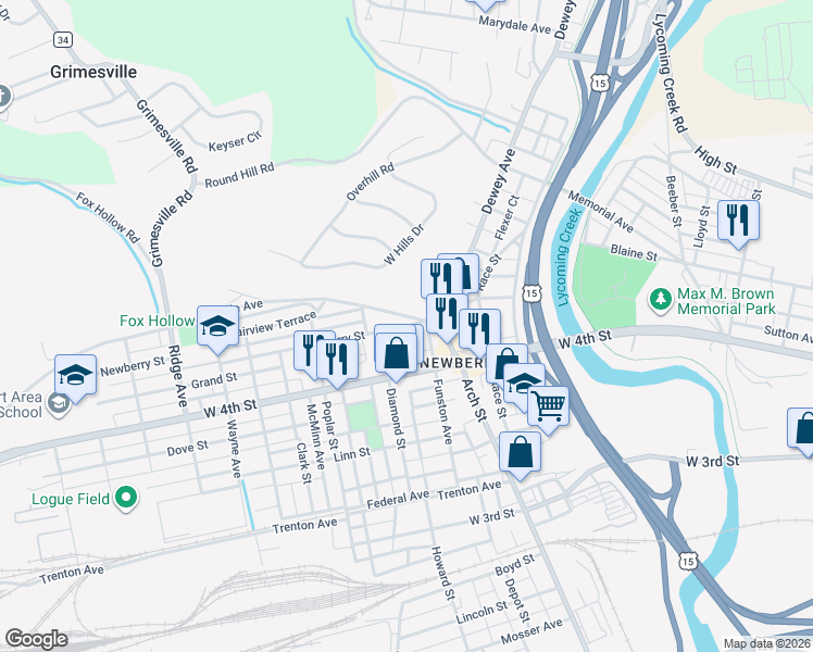 map of restaurants, bars, coffee shops, grocery stores, and more near 2116 Newberry Street in Williamsport