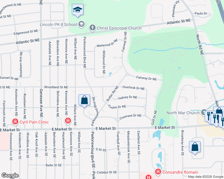 map of restaurants, bars, coffee shops, grocery stores, and more near 2848 Woodland Street Northeast in Warren