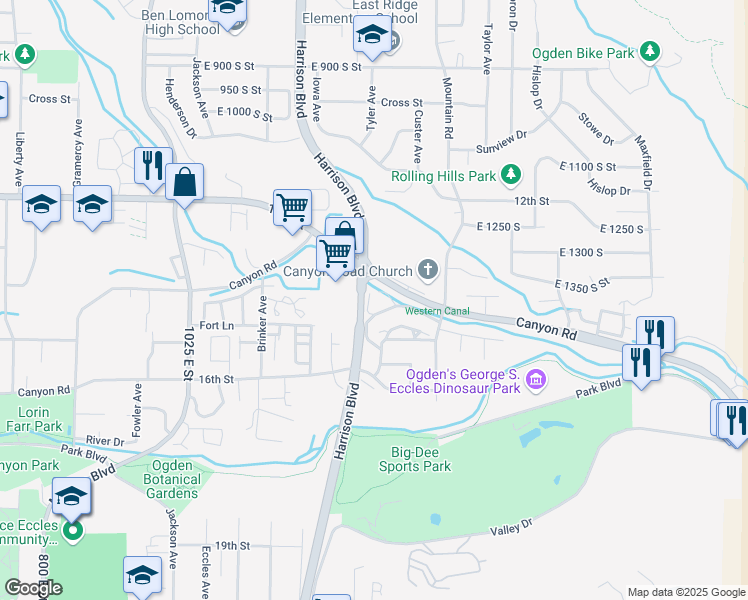 map of restaurants, bars, coffee shops, grocery stores, and more near 1300 Lorl Lane in Ogden