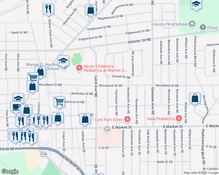 map of restaurants, bars, coffee shops, grocery stores, and more near 444 Bonnie Brae Avenue Northeast in Warren