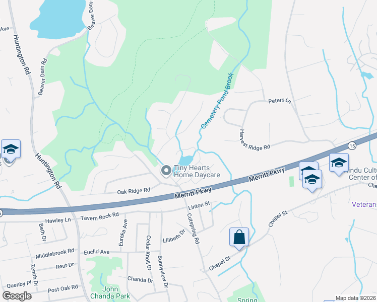 map of restaurants, bars, coffee shops, grocery stores, and more near 293 Circle Drive in Stratford