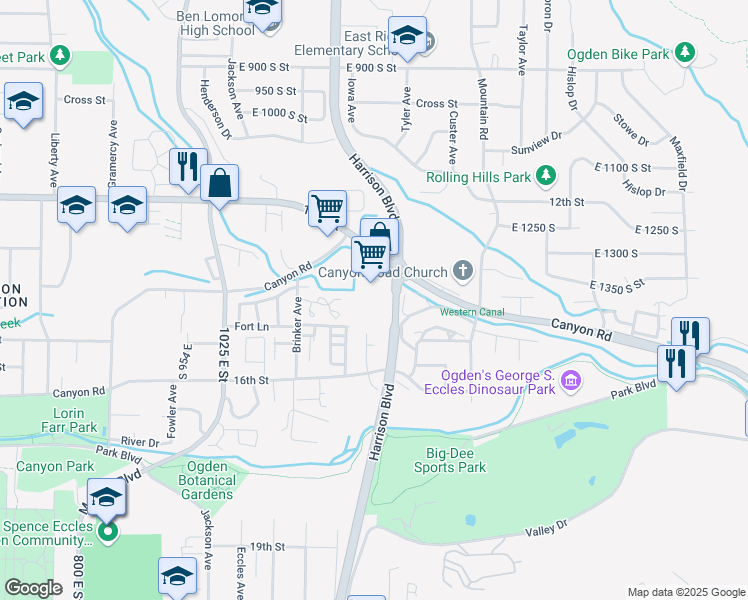 map of restaurants, bars, coffee shops, grocery stores, and more near 1485 Harrison Boulevard in Ogden