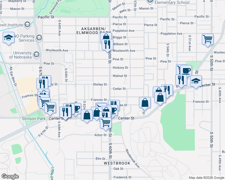 map of restaurants, bars, coffee shops, grocery stores, and more near 2001 South 60th Street in Omaha