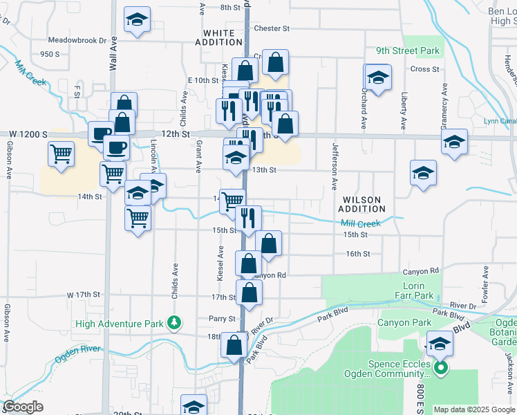 map of restaurants, bars, coffee shops, grocery stores, and more near 421 1415 South in Ogden