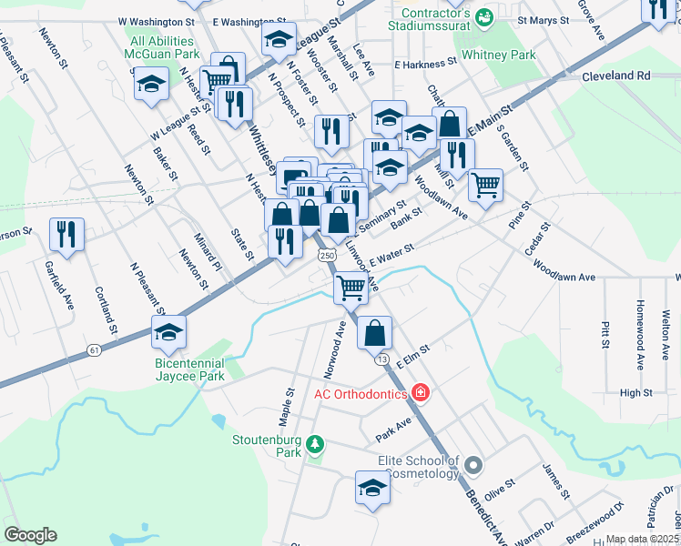 map of restaurants, bars, coffee shops, grocery stores, and more near 47 Benedict Avenue in Norwalk