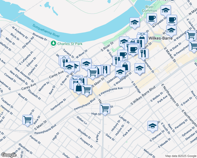 map of restaurants, bars, coffee shops, grocery stores, and more near 295 South Main Street in Wilkes-Barre