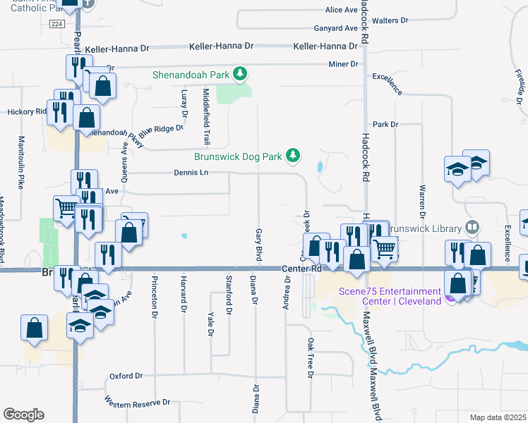 map of restaurants, bars, coffee shops, grocery stores, and more near 1271 Gary Boulevard in Brunswick