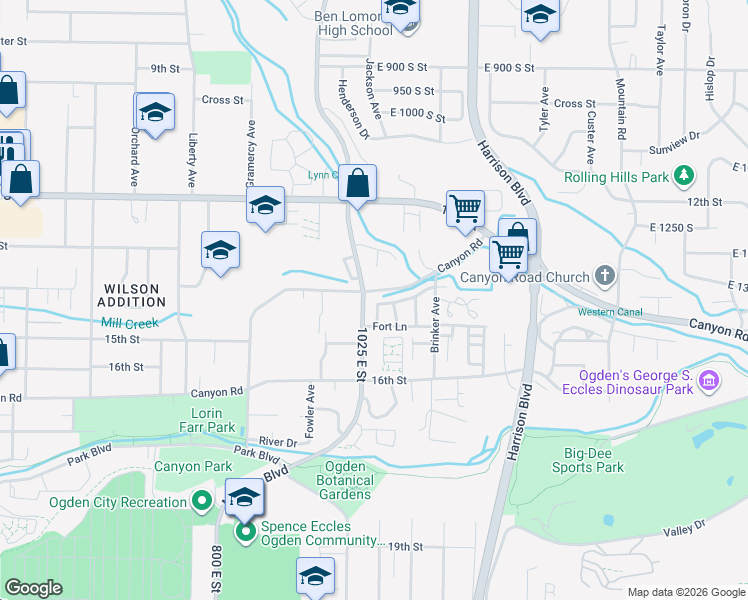 map of restaurants, bars, coffee shops, grocery stores, and more near 1014 Creekside Drive in Ogden