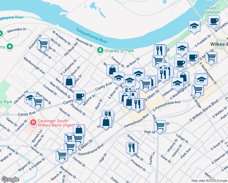 map of restaurants, bars, coffee shops, grocery stores, and more near 439 South River Street in Wilkes-Barre