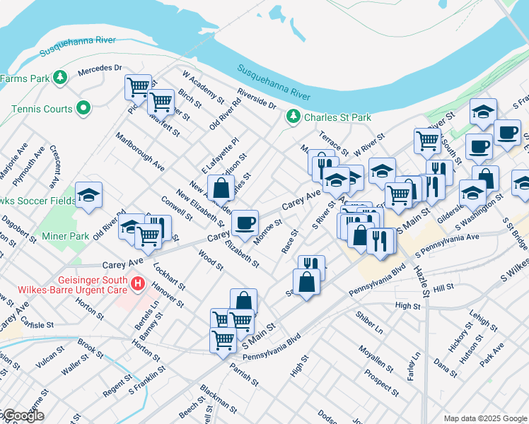 map of restaurants, bars, coffee shops, grocery stores, and more near 89 Carey Avenue in Wilkes-Barre