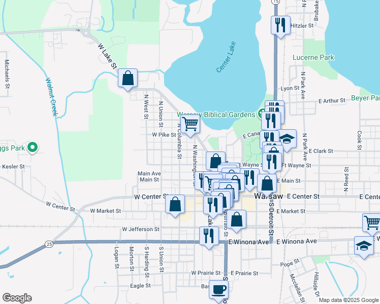 map of restaurants, bars, coffee shops, grocery stores, and more near 301-315 W Porter St in Warsaw