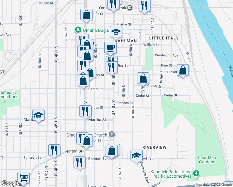 map of restaurants, bars, coffee shops, grocery stores, and more near 1902 South 10th Street in Omaha