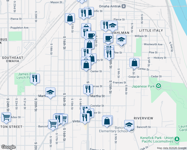 map of restaurants, bars, coffee shops, grocery stores, and more near 1912 South 12th Street in Omaha