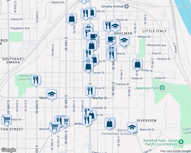 map of restaurants, bars, coffee shops, grocery stores, and more near 1912 South 12th Street in Omaha
