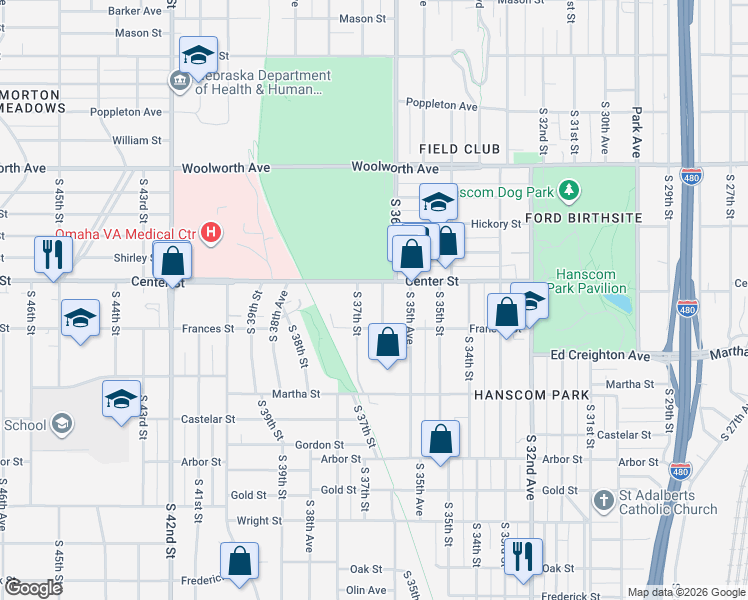map of restaurants, bars, coffee shops, grocery stores, and more near 1912 South 36th Street in Omaha