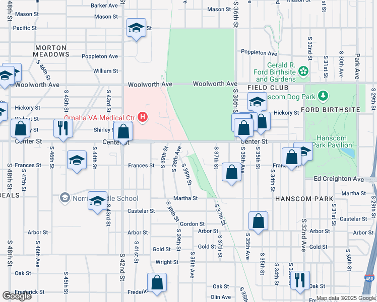 map of restaurants, bars, coffee shops, grocery stores, and more near 3738 Frances Street in Omaha