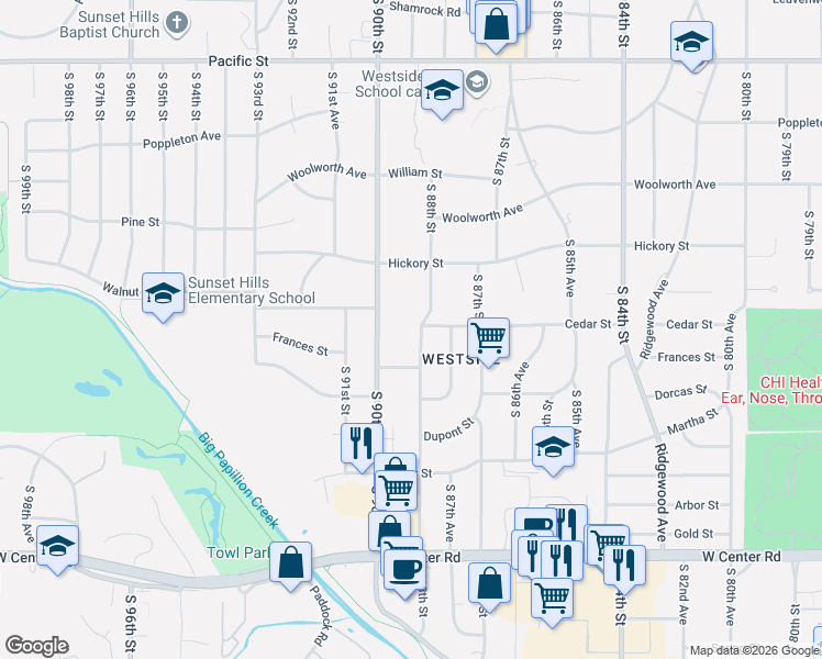 map of restaurants, bars, coffee shops, grocery stores, and more near 1864 South 88th Street in Omaha