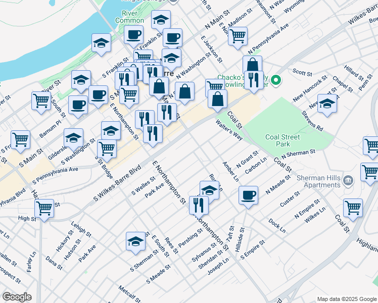 map of restaurants, bars, coffee shops, grocery stores, and more near 23 South Welles Street in Wilkes-Barre