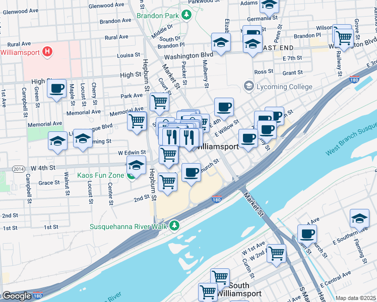 map of restaurants, bars, coffee shops, grocery stores, and more near 349 Pine Street in Williamsport