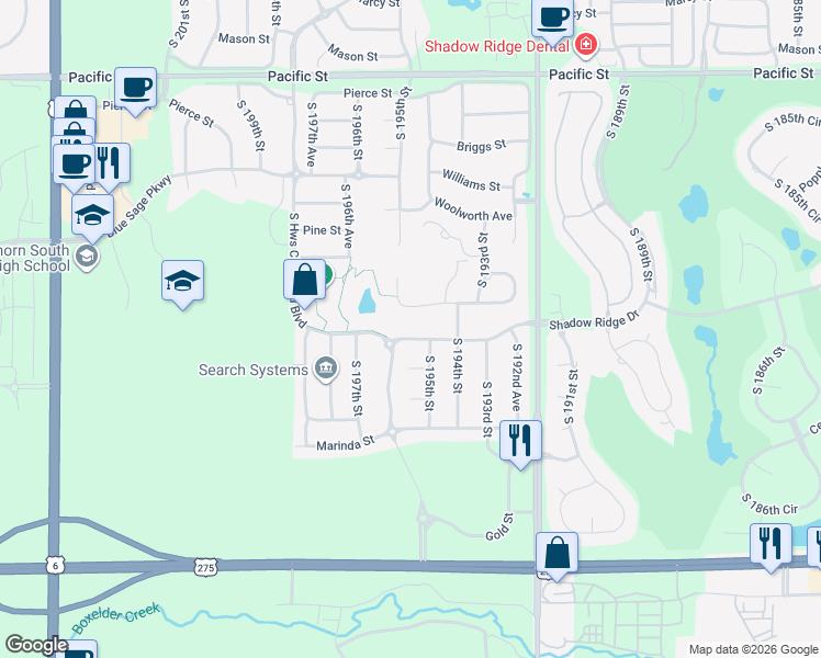 map of restaurants, bars, coffee shops, grocery stores, and more near 19518 Shadow Ridge Drive in Omaha