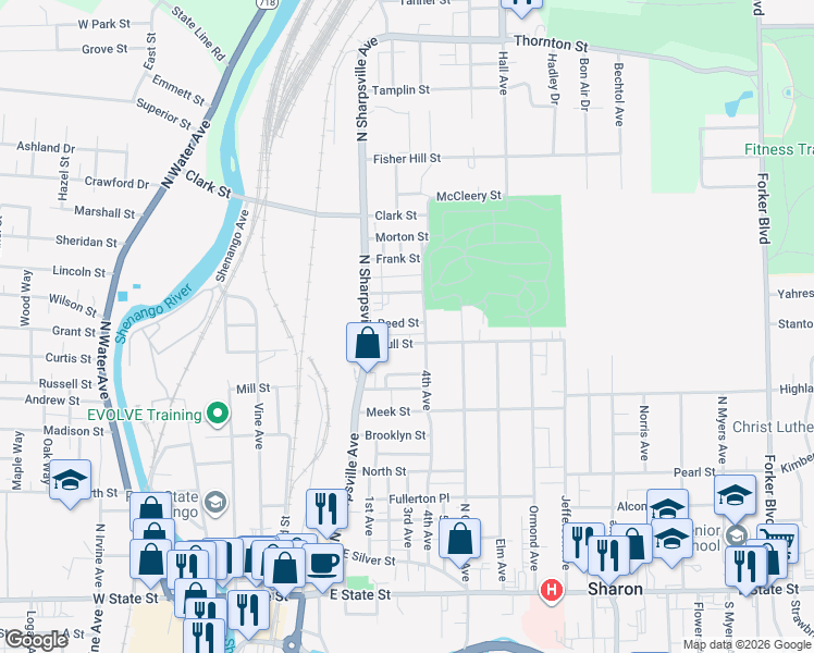 map of restaurants, bars, coffee shops, grocery stores, and more near 399 Reed Street in Sharon