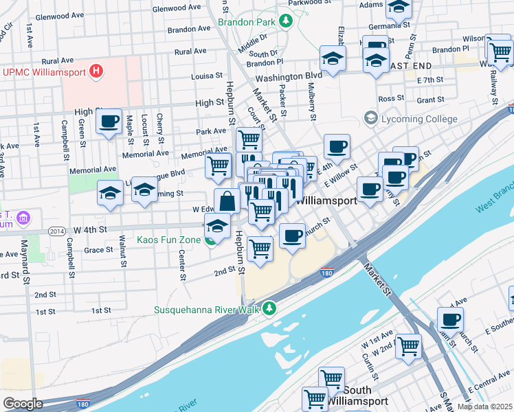 map of restaurants, bars, coffee shops, grocery stores, and more near 200 West 4th Street in Williamsport