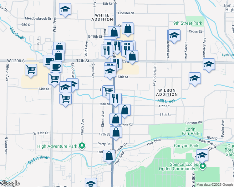 map of restaurants, bars, coffee shops, grocery stores, and more near 1412 Washington Boulevard in Ogden
