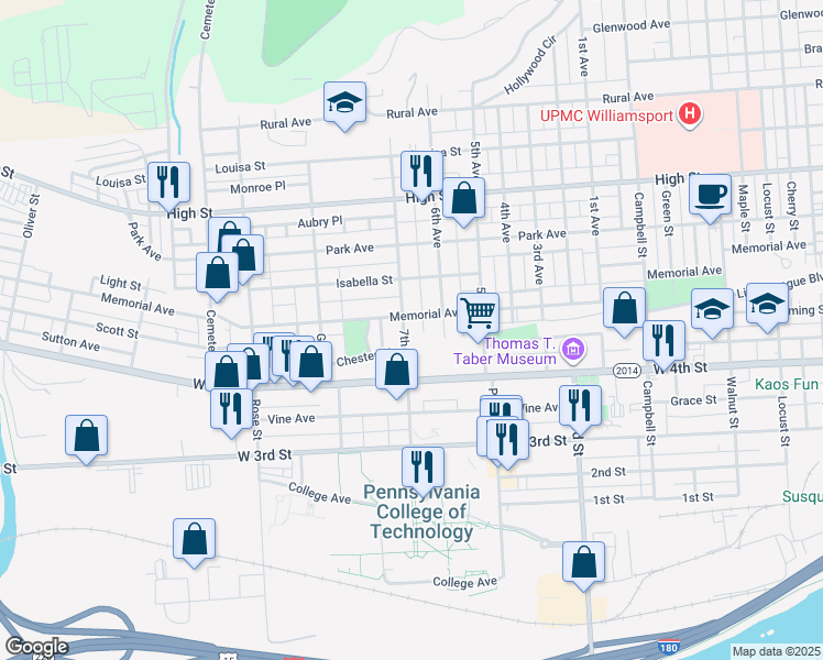 map of restaurants, bars, coffee shops, grocery stores, and more near 526 7th Avenue in Williamsport