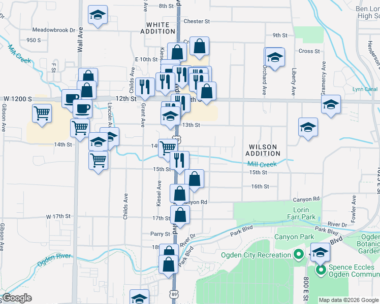 map of restaurants, bars, coffee shops, grocery stores, and more near 433 1415 South in Ogden