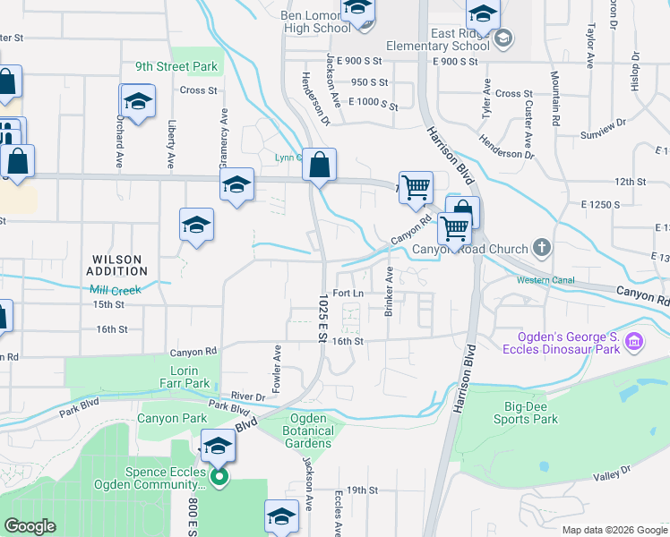 map of restaurants, bars, coffee shops, grocery stores, and more near 1014 Creekside Drive in Ogden