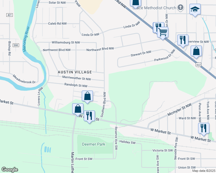 map of restaurants, bars, coffee shops, grocery stores, and more near 704 Southern Boulevard Northwest in Warren